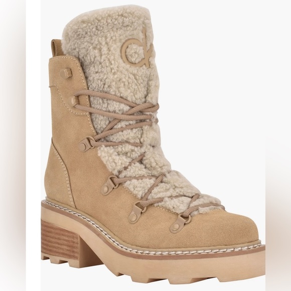 Alaina Light Natural Fleece Lined Leather & Faux Upper Lug Lace Up Boots by CK - Picture 3 of 8